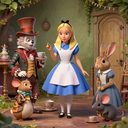 alice in wonderland tea party with the mad hatter, march hare, alice, door mouse, lowbrow, matte painting, 3 - d highly detailed, style of greg simkins