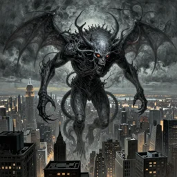 a gigantic eldritch horror devouring new york city, painted by beksinski