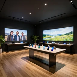 sketch by scott robertson, davison carvalho, michal kus!!!!! ( ( ( ( ( serious grounded balanced muted flagship samsung store, black walls. timber floor. low ceilings with spots. curved furniture, with large digital screen. display tables with phones and tablets, pots with plants, large digital screens on the walls ) ) ) ) )