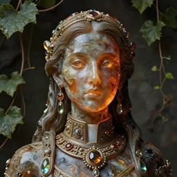 detailed portrait, cosmopolitan priestess, molten glassworks face sculpted features, specular eyes, statuesque, glass skin, fiberglass hair, high collar, opulent, encrusted, jewel, asymmetrical, chiaroscuro, organic impressionism, vine backdrop, natural colors, octane render
