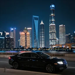 corporate car parked to look at the futuristic shanghai skyline, busy, dark, cyberpunk, moody, ambient lighting, syd mead