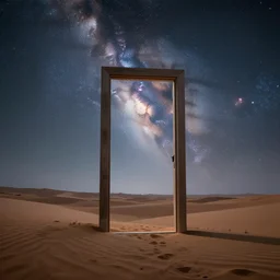 surrealist open doorway to milky way, in middle of the desert during daytime, concept art, artstation