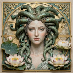 detailed, portrait of medusa, beautiful, pretty girl, surrounded by lotus flowers and geometry