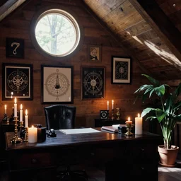 1970s color interior magazine photo of a dark witchcore office with candles, wooden walls with framed occult art with esoteric symbols, and a potted plant, with natural dappled light coming in through a circular window, in an attic