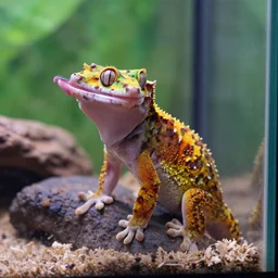 grinning gecko sitting inside a terrarium