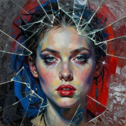 languid temptation. mixed media collage with shattered glass and marble texture in style of contemporary art, punk art, photorealistic face, expressionism, masterpiece, perfect composition, photorealistic beautiful face, spectacular quality, deep shadows, intricate oil details, red, blue, black