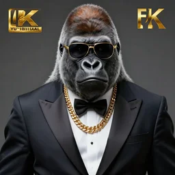 a gorilla wearing a nice tuxedo, wearing shades and wearing gold chains, photorealistic, 8 k, unreal engine 6, highly detailed, coherent,