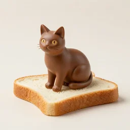 A brown statuette of a cat on a piece of bread. solid Background.
