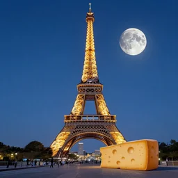 Eiffel tower photography, cheese, moon, (((waterpaint))) ((((((((Night)))))))) day time
