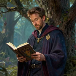ryan reynolds wearing wizard robes leans against a magical tree romance novel fantasy artwork epic detailed and intricate digital painting trending on artstation by wlop octane render pretty face