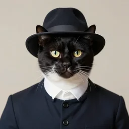 man with the head of a tuxedo cat, wearing a hat