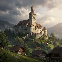 beautiful render of bern switzerland, unreal engine, first light, very detailed, medieval, dramatic clouds, soft light, by greg rutkowski, cgsociety