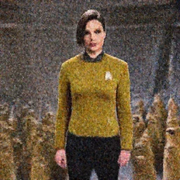 Gal Gadot, in Starfleet uniform, in the role of Captain Kirk, with lots of Tribbles everywhere