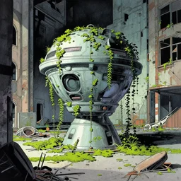 teleportation machine in an abandoned city, with vines growing over it and moss on the floor, as if it's been there for years by charles robinson and dave gibbons, style of bauhaus