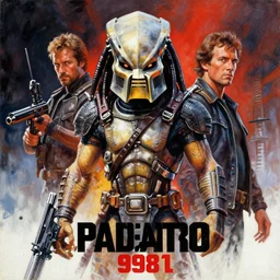 ! dream a painting of the poster for the film predator ( 1 9 8 7 ), featuring arnold schwarzenegger and carl weathers, a fine art painting by ron walotsky, trending on deviantart, neo - primitivism, movie poster, poster art, sci - fi