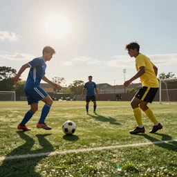 3 Football players play soccer by the sun on the space soccer field, heroic, cinematic lighting