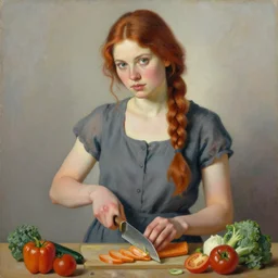 a beautiful painting of a gorgeous young mother chopping vegetables with auburn side braid draped over her shoulder and pretty hazel eyes, representative of the art style of artgerm and wlop and peter mohrbacher, portrait