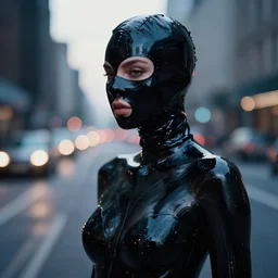beautiful female body silhouette, beautiful acrylic fluid portrait, photography by amy leibowitz and filip fedorov, black latex female balaclava, female calendar, body painted with black fluid, urban city photography, close up portrait, cinematic still, film still, magic hour, dark mood, fashion portrait, cold colors, long exposure, bokeh