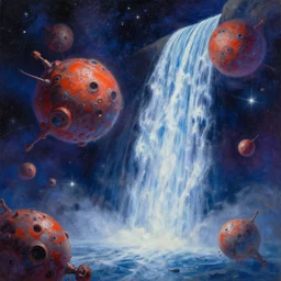 !! waterfall !! in asteroid field, space with stars and cosmos in background, artstation award winner, oil painting, digital painting, octane render, vibrant