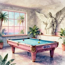 vaporwave 8 0's tile pool room, by beeple, windows, 3 d rendering, fantasy lut, epic composition, sci - fi, dreamlike, surreal, angelic, roman marble statue, cinematic, 8 k, unreal engine, photorealistic, watercolor, fantasy concept art, palm trees