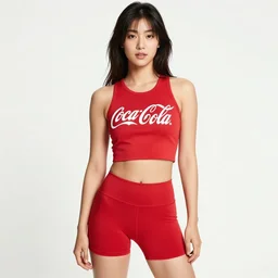 suzu Hirose wearing crop red Coca Cola gym top with white Lettering, cropped red yoga short, white backdrop, advertising photograph by Mario Testino, Annie Leibovitz, masterwork