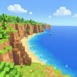 cliff overlooking a magnificient bay, voxel art