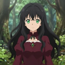 isekai enchanted forest cute bombshell anime alchemist with flowing black hair, burgundy dress. green palette symmetrical face. symmetrical detailed defined eyes. beautiful lineart. bokeh pixiv # 1 ranking depth of focus, chromatic aberration, noise, soft lighting, srgb, 4 k, cinematic rembrant kuvshinov ross tran john sargent