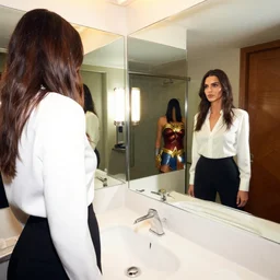 ultra wide angle photo of kendall jenner dressed in a white blouse and black dress pants as diana prince looking at herself in a bathroom mirror and seeing her reflection as wonder woman