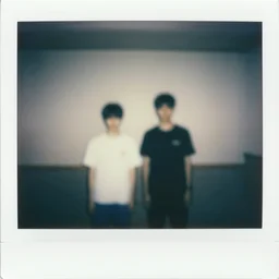 monochromatic polaroid photo of two teens in an empty room, extremely blurry, ghostly haze