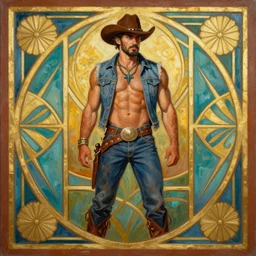 a beautiful symmetrical art deco painting of a gay cowboy god, trending on artstation
