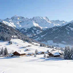 matte painting of winter mountain panorama szene in beautiful landscape in the bavarian alps, by albert whitlock, amazing details, beautiful composition, vibrant colors, bird eye view, luminescent, warm hue's