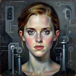 a portrait of emma watson of sci fi metallic human, bright eyes, melancholic complex geometric figure liminal machinery by oskar schlemmer, moebius, john berkey, film grain, oil on canvas, portrait facial head, featured on artstation, hd wallpaper, 8 k