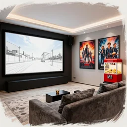 a modern home movie theater, sleek, comfortable, stylish decor, popcorn machine, movie posters, designed by kelly wearstler, rough color pencil illustration by conrad roset