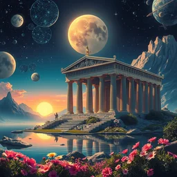 a beautiful hyperdetailed painting of a greek temple, poppy extraterrestial clear night cgsociety retro gem galactic assassin's creed scumm bar landscape universe sunset venus made of glass lake vaporwave flowers morning sun, archdaily, wallpaper, highly detailed, trending on artstation.