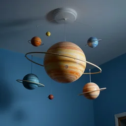 model of the solar system as a ceiling mobile hanging from a blue room as seen from a low perspective and dramatic lighting, phong shaded