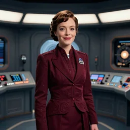 Jodie Whittaker as the Doctor in her burgundy costume in the Tardis secondary control room