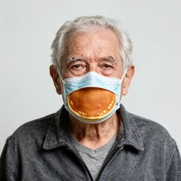 an elderly man wearing a mask made from pancake, bold natural colors, national geographic photography, masterpiece, 8 k, raw, unedited, symmetrical balance