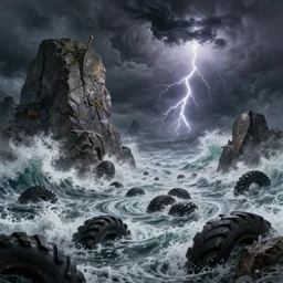 a fleet of ancient trojan tiremes, amidst crashing waves and huge looming rocks, whirlpool, grim, lightning flashes, sky swirling with black wind, dark sky, dramatic, realistic, detailed, ancient, artstation, artgerm, digital painting