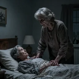 an old woman standing over my bed at night, photorealistic horror, ultra realistic, dark gloomy, by jessica rossier, 4 k resolution