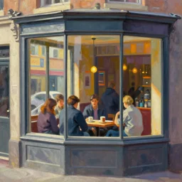 street corner cafe, floor to ceiling window, people scattering inside, sunday afternoon, warm lighting, vivid ambience, oil painting, by edward hopper