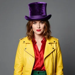 super sharp portrait headshot of kristen ritter wearing a yellow leather jacket, green corduroy pants, a red silk blouse, and purple velvet top hat on her head, photoshoot in the style of annie leibovitz, photorealistic, samsung's 8 5 mm f 1. 4