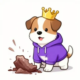a digital drawing of an anthropomorphic dog wearing a purple hoodie and a crown, smashing a golden trophy with a baseball bat. in the style of bojack horseman. lisa hanawalt