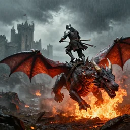 a knight going to jump to get on dragons back as fire inflames the ground beneath him, with castle in distance, stormy, raining, 4 k, hd, realistic