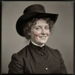a late 1 9 th century, [ [ amused ] ], thirtysomethins years old, austro - hungarian woman ( with termed kyphosis, with wart, messy, brown hair, ( ( large black hat ) ), bun, looks like ( ( smiling cate blanchett ) ) ), daguerreotype by emil rabending