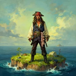 a lone pirate captain stands in an island, matte painting by Thomas Kincaid, Greg rutkowski