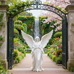 a angel standing in front of a big gate, and behind the gate there is a big beautiful garden with lots of vegetation and fruits, waterfalls, and cherry blossom trees, 8 k, hyper realistic, unreal engine 5, hyper detailed, coherent, vibrant colors, well produced, studio quality, cinematic,