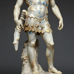 polished marble statue of gladiator in armour by michelangelo buonarroti, partially covered in blue paint stains, partially gold plated marble statue, ultra - detailed flash studio photograph