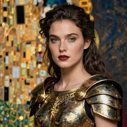 close - up portrait of beautiful model dressed gladiator with metallic armor, art by gustav klimt and moebius