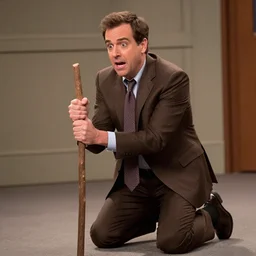 Andy Richter wearing a brown suit and necktie on his knees and clinging desperately to a stick with a pleading look on his face.