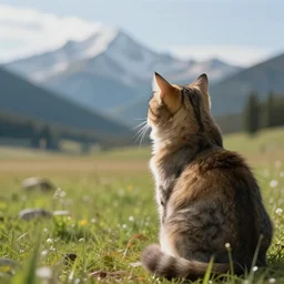 a digital art of a cat watching mountians and grassland, light effect, highly detailed, by anton fadeev